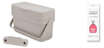 Bundle of Joseph Joseph 30046 Compo 4 Easy-fill Food Waste Caddy-4 Litres-Stone + Joseph Joseph IW2 Biodegradable, Compostable Bags, Pack of 50 Food Waste Bin Liners, White, Small, 4 Litres
