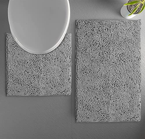 Pinkfairy Luxury Loop Chenille Bath Mat Sets - 2 Piece for Bathroom | Slip-Resistant Bath Mats Rugs, Extra Soft and Absorbent Anti Slip Shower & Bathtub Rug Sets (Silver)