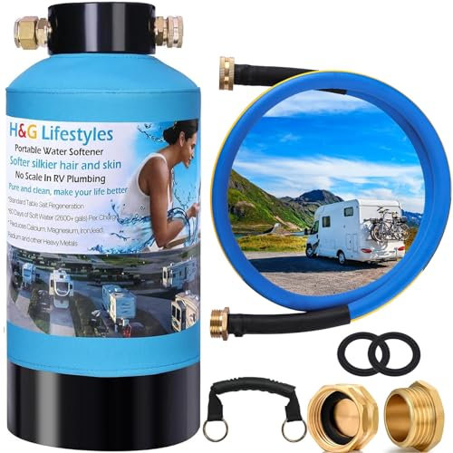 H&G lifestyles ‎Portable Water Softener for RV with Water Hose, Food-Grade Resin 3/4 Brass Fittings 2600 Gallons Softens Hard Water Filtration System for Car Washing Pressure Washing