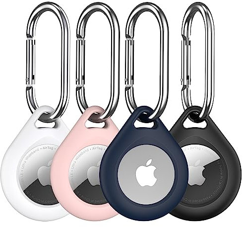 R-fun Lot de 4 Porte-clés Airtag avec Porte-clés en métal, étui de Protection en Silicone Multicolore pour Bagages, Collier de Chien, clés - (Noir, Bleu, Rose, Blanc)