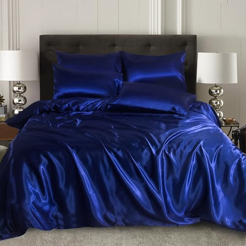 XXR SATIN SILK COMPLETE BEDDING SET DUVET COVER FITTED SHEET 4 PILLOW CASES 6 Pcs (Navy Blue, Double)