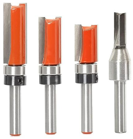 Akylin 4pcs Pattern Flush Trim Router Bit 1/4 Inch Shank + TCT Straight Flute Router Bit, Pattern/Template Router Bit, Flush Cut Router Bit for Woodworking Trimming