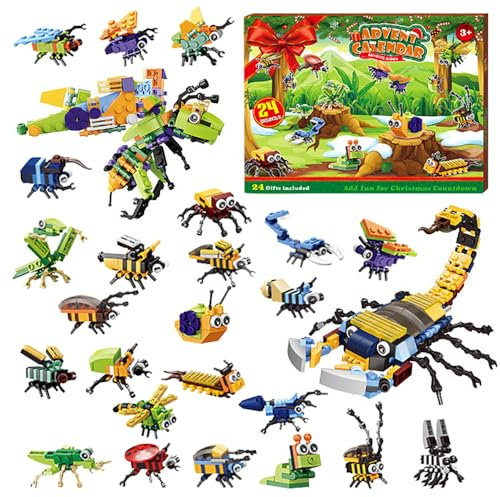 Mineup Adventskalender 2024 Bausteine Kinder, 24 Stück Mini Bausteine Adventskalender, 24 in 2 Insekt für Adventskalender, Adventskalender Klemmbausteine fürJungen Mädchen Geburtstag Weihnachten
