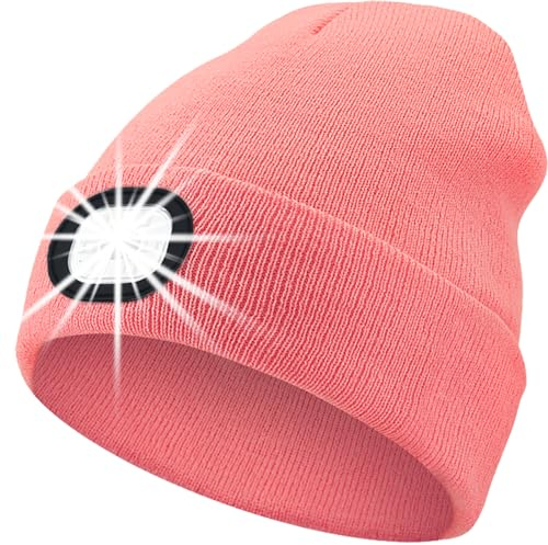 ZONSUSE Mütze mit 6 Led Licht,LED Winter Beanie,Beleuchtete Laufmütze,Strickmütze mit Stirnlampe,Abnehmbar,USB Aufladung, 3 Helligkeiten,für Herren Damen Nachtlauf Camping Reiten Angeln (Rosa)