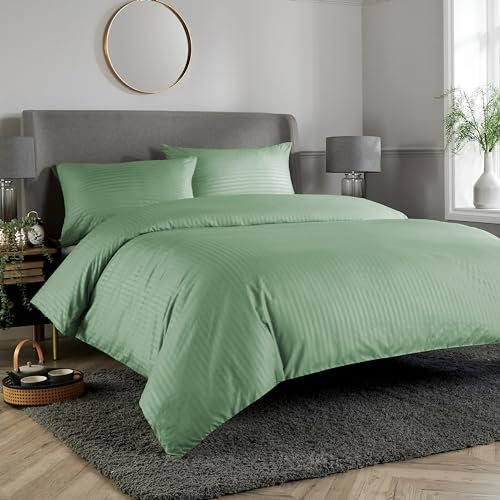 Olivia Rocco Mayfair Stripe Duvet Cover Set Easy Care Satin Stripes Comforter Reversible Bedding Quilt Covers With Pillowcases, Double Sage Green