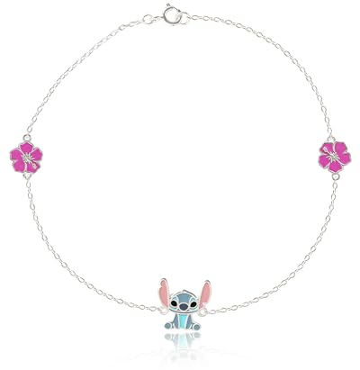 Disney Damen-Fußkettchen aus Sterlingsilber, offizielle Lizenz, 22,9 cm, mit rosa Blumen, 9, Sterling-Silber, ohne Edelstein