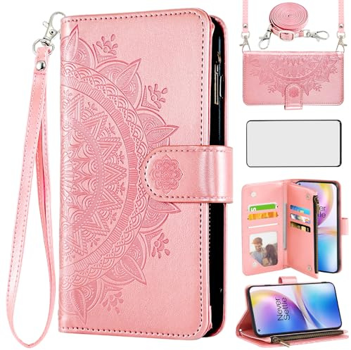 Asuwish Handyhülle für OnePlus 8 Pro Hülle mit Band und Folie Schutzfolie Kartenfach Klappbar Leder Blumen Geldbörse Ständer 8Pro IN2023 Reißverschluss Wallet Hüllen Schutzhülle Phone Case Rosegold