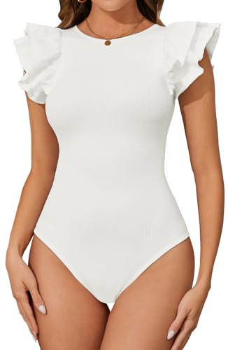 Vancavoo Body Femme Manche Courte Bodysuit Chic Élégante T-shirt Volants Col Rond Top Élasticité Haut Sculptant Jumpsuit avec String,Blanc,M