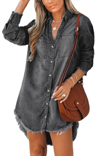 CUPSHE Women Denim Shirt Mini Tunic Dress Casual Oversized Autumn Long Sleeve Frayed Hem Tops Blouse with Pockets Black M