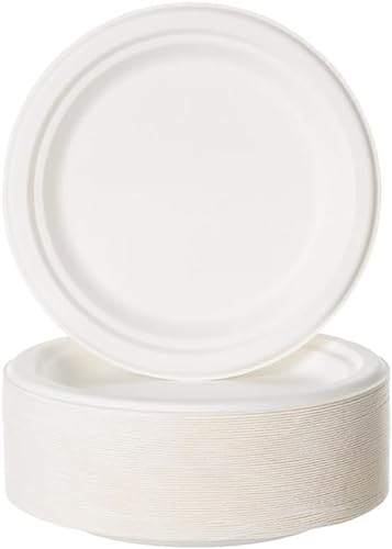 BEST PRODUCTS 200 Platos Caña de Azúcar Desechables Ecológicos Biodegradables Compostables y Reciclables Para Fiestas Cumpleaños Comuniones Redondos Postre Blancos Ø 17 cm
