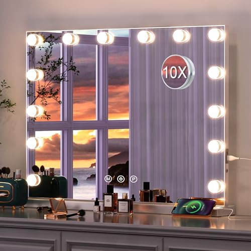 Dradaomull Schminkspiegel mit Beleuchtung, Hollywood Spiegel mit 14 Lampen, 3 Lichtfarben, Spiegel mit Licht und 10x-Lupe, Wandspiegel, Tischspiegel für Make up- 50x40cm