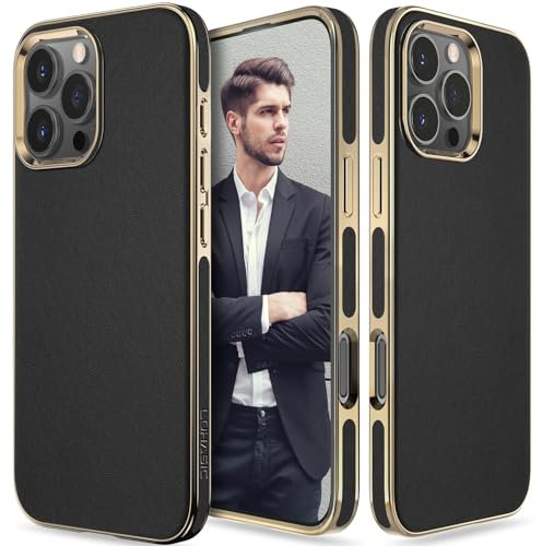 LOHASIC for iPhone 16 Pro Max Case, Luxury Vegan Leather Classic Design Soft Back Cover Protective Cases for iPhone 16 ProMax 6.9 inch 2024 New, Black Gold