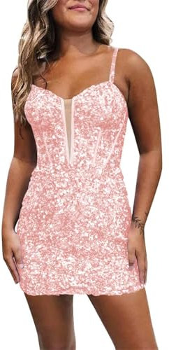 KURFACE Abiti da ballo corti con paillettes scintillanti per adolescenti con spalline sottili al ginocchio abito da cocktail da ballo, Rosa cipria, 46