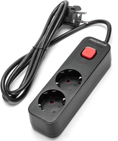 Regleta de 2 vías con Interruptor, Longitud de 1,5 m, 3G, Cable 1,0 mm² Negra, Ideal para Conexiones seguras en electrodomésticos.