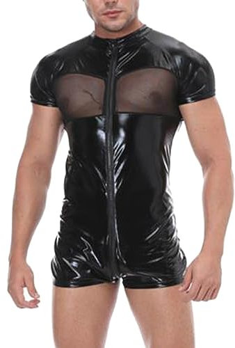 DUHENWU Bodysuit Herren Latex Ouvert Dessous Kurzarm Jumpsuit Wetlook Body Unterhemd Mit Reisverschluss Stretch Slim Fit Lack Leder Overall Catsuit Transparent Dessous Männer Muskel Jumpsuit