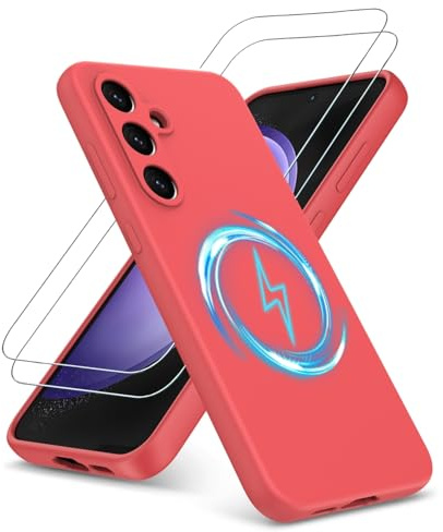 PIXFAB for Samsung Galaxy S24 FE Case with 2 x Screen Protector Tempered Glass, [Compatible with Magsafe] Liquid Silicone Shockproof Armour Protective [Soft Touch] Rubber Gel Phone Cover - Red