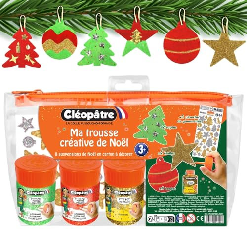 CLEOPATRE – Trousse Créative Noël avec 8 Suspensions en Carton à Décorer, 3 Pots de Gel Pailleté, Planche de Gommettes – Kit Loisirs Créatifs Noël Enfants