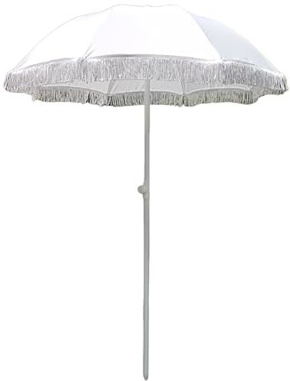 Sombrilla de playa portátil pequeña con borlas blancas de 160 cm para jardín, balcón al aire libre, sombrilla con protección impermeable