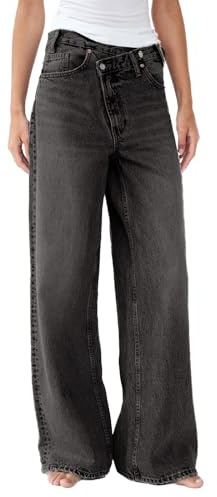 LYSINK Women Wide Leg Jeans Loose High Waisted Straight with Pockets Pants Summer Spring Casual Denim Long Trouser (Bc Dark Grey, M)