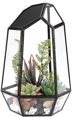 SUMTree Black Glass Plant Terrarium with Hexagon Breathable Air Holes, Garden Moss Container with Swing Lid, Airplant Display Box for Succulent Plants, Glass Rectangle Indoor Air Plant Container