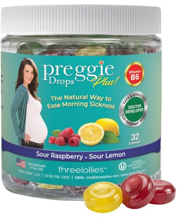 Preggie Pop Drops Plus B6 for Pregnancy Nausea Relief & Morning Sickness | Contains Essential Oils for Pregnant Women - Raspberry & Lemon, 32 Count