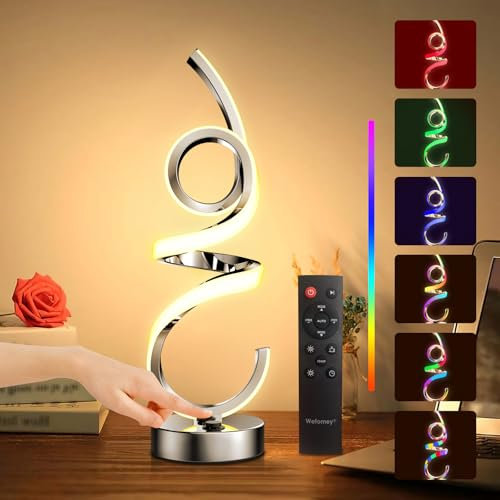 LED Nachttischlampe Dimmbar, RGB Warmweiß Kabellos Spiral Modern Tischlampe Akku Dekolampe USB Aufladbar,10 Dynamische Modi mit Fernbedienung Timer, Nachtlicht für Schlafzimmer Wohnzimmer Gaming