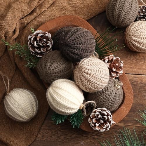 VioraWhite 12 Pcs Neutral Christmas Ornaments, 2.36 Inch Brown Crochet Christmas Balls Modern Rustic Handmade Knitted Woven Cotton Baubles for Xmas Tree Farmhouse Holiday Decor