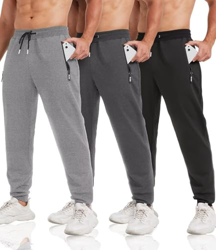 lomsoe 3er-Pack Jogginghose Herren Tapered, Trainingshose Herren mit Reißverschlusstaschen, Sporthose Herren Lang Sweatpants Fleece Slim Fit für Laufen und Fitness