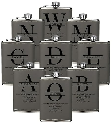 Juego de 9 Petacas de Licor Personalizados para Hombres, Regalos para Acompañantes del Novio o Padrino de Boda con Inicial, Frascos de 8oz en Cuero Grabado para Fiesta de Despedida, Gris