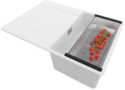 PRIMAGRAN Evier Cuisine en Granit Blanc 70x50cm, Lavabo 1 bac + Kit de Vidage, Évier à Encastrer al mueble 40cm - Copenhague S373