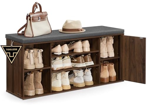 SONGMICS HOME Schuhbank, Snapsemble superschnelle Montage, offene Fächer | Sitzbank mit Stauraum, Schuhschrank, verstellbar, Natürliche Walnuss und Schiefergrau, KADIN Kollektion LHS391KE02