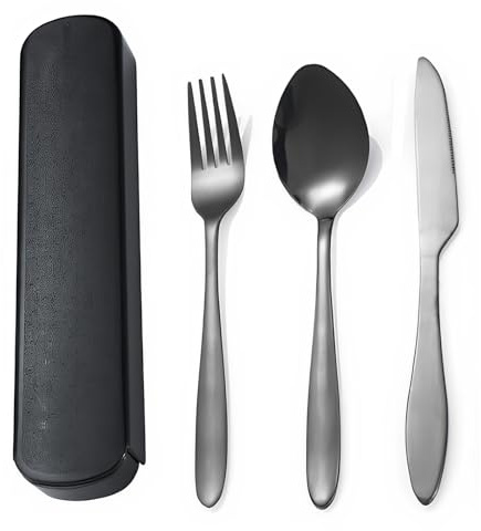 Lot de 3 couverts de camping en acier inoxydable, avec étui, passent au lave-vaisselle, légers, inoxydables pour l'extérieur, les voyages, l'école
