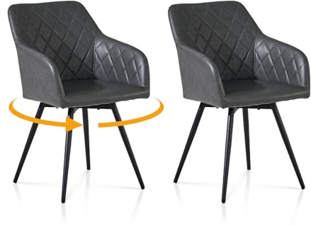 TUKAILAI Esszimmerstühle Drehbar 2er Set Kunstleder,Dunkelgrau | 360° Drehstuhl Esszimmer Polsterstühle,Küchenstühle,mit Armlehnen,Metallbeine,Rückenlehne,für Wohnzimmer Küche Schlafzimmer