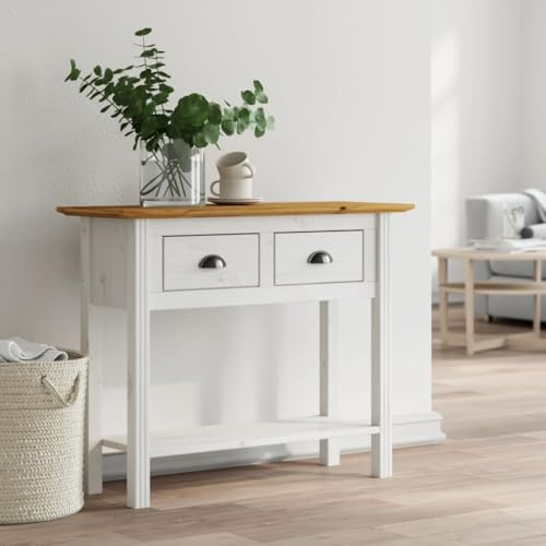 XHNIFBN BODO Beistelltisch 91x35x74 cm Massivholz Kiefer Couchtisch mit 2 Schubladen, braun französischer Landhaus Look Robust & Langlebig für Wohnzimmer Flur Schlafzimmer