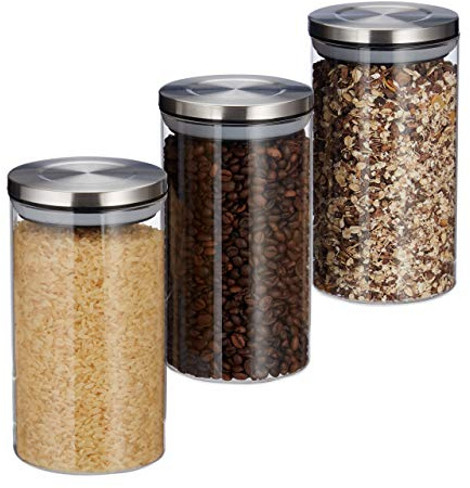 Relaxdays Vorratsglas 3er Set, je 1 L, luftdicht, Edelstahl Deckel, für Pasta, Müsli & Reis, Küchenbehälter, transparent