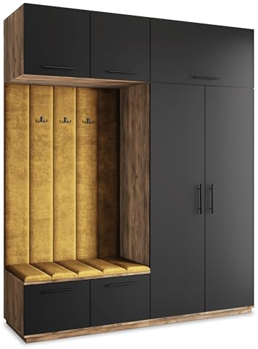 Masseno Flugarderoben Set Rema, Kleiderschrank-Set mit Sitzbank, Garderobenschrank Flur mit 5 Regalböden, Eiche Lefkas/Schwarz