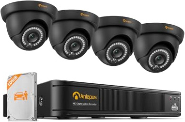 Anlapus H.265+ Kit Videorveglianza Esterna 2MP FHD 1080P, DVR 8CH 500GB, Rilevamento IA Persone & Veicoli, Avviso Istantaneo & APP Gratuito, Sorveglianza Domestica 24/7, Telecamera Cupola Nero