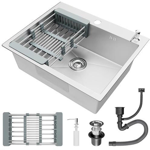Lavello Cucina in Acciaio Inox 55 x 45cm STANEW,con Dispenser sapone, Lavello da Incasso A 1 Vasca,con Troppopieno e Sifone,Argento