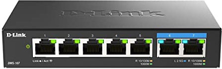 D-Link DMS-107/B 7-Port Multi-Gigabit Unmanaged Switch with Two 2.5G and Five Gigabit Ports, Fanless, Low Profile, Compact, Metal Housing, QoS, Plug and Play