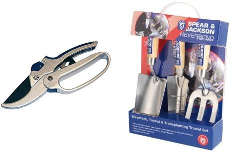 Spear & Jackson 6758GS Razorsharp Geared Anvil Secateurs & Spear & Jackson Neverbend Stainless Hand Tool Gift Set Set