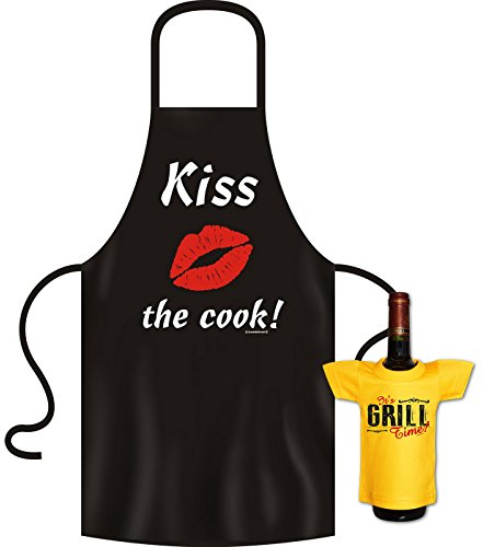 Kochschürze Männer - Kiss the Cook - Grill Koch Küchenschürze Schürze Männer Geschenke Set geil bedruckt mit Mini Flaschenshirt (ohne Flasche)