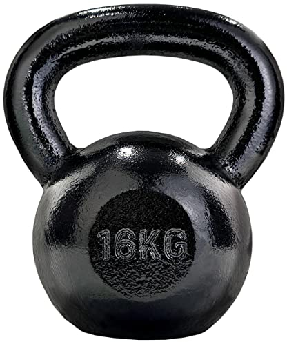 ScSPORTS® Kettlebell - 4/8/12/16/20/24/28 kg, Gusseisen, Hammerschlag, Wasserabweisend, Schwarz - Kugelhantel, Kugelgewicht, Schwunghantel, Rundgewicht für Gym, Krafttraining (16 kg)