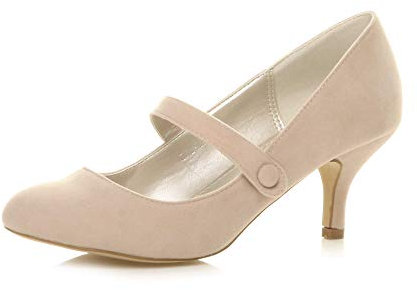 Ajvani Womens Ladies Low mid Heel Mary Jane Strap Work Party Court Shoes, Nude Suede, 5 UK