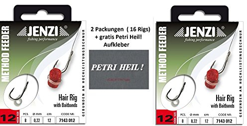 Set: 2 Packung (16 Rigs) Method Feeder Hair Rig von Jenzi mit Gummi Band/Quick Stop, Hakengröße 8, 10, 12 - Länge 12 cm +gratis Petri Heil! Aufkleber (Gummiband Hakengröße 12)