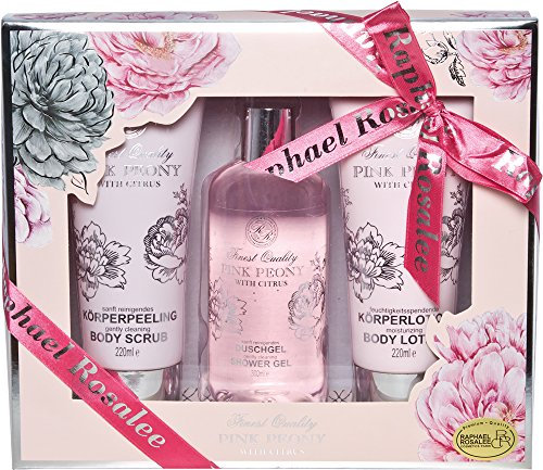 RAPHAEL ROSALEE COSMETICS Bade- und Pflegeset Flowers No. 031 (3-teilig) mit Pfingstrose & Zitrus – Bade-Geschenkset mit Peeling, Duschgel, Lotion uvm.