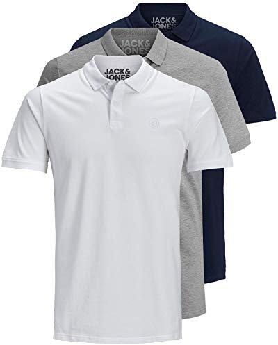 JACK & JONES 12171776 - Confezione da 3 polo da uomo slim fit, a maniche corte, colore nero, bianco, blu, grigio, taglie: XS, S, M, L, XL, XXL, M