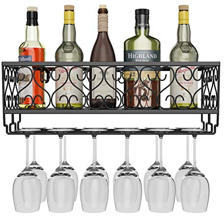 AcornFort® W-611 Metallo Nero Wall Appendiabiti da parete per vino Champagne calici in vetro Supporto portacali, 50 x 20 cm Contenere fino a 12 bottiglie di vino e 12 tazze di bicchieri