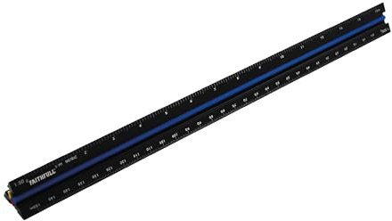 Faithfull Prestige Tri-Scale Architect Rule 300mm – Black Aluminium Triangular Ruler with 6 Colour-Coded Scales, Laser Engraved Markings & Safety Grip Profile
