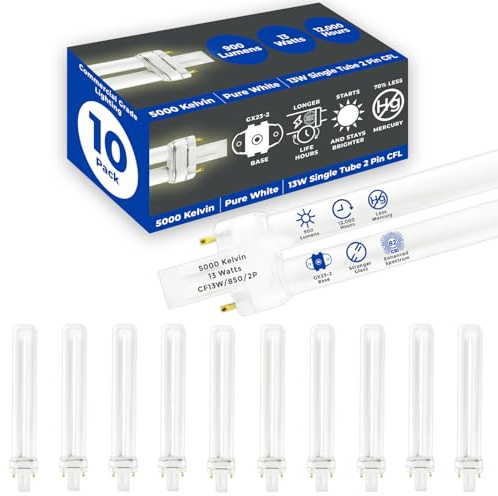 GoodBulb 13 Watt CFL Light Bulbs 2 Pin GX23 Base 5000K Daylight 13W High Output 800 Lumens Single Tube Compact Fluorescent Light Bulbs Plug-in 10 Pack