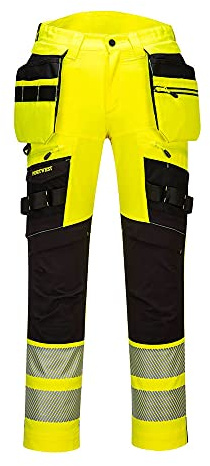 Portwest DX442 DX4 Hi-Vis Detachable Holster Pocket Trousers Secure Storage | Yellow/Black, 32 Waist, EN ISO 20471 Class 2, EN 14404, UPF 50+, Straight Fit, Stretch Crotch Gusset, Triple-Stitched Seams